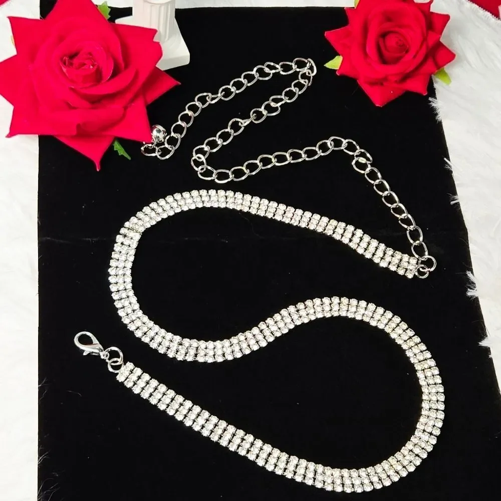 Rhinestone Chain Belt Silver Crystal 3 Row Adjustable Dress Waist Jewelry 39